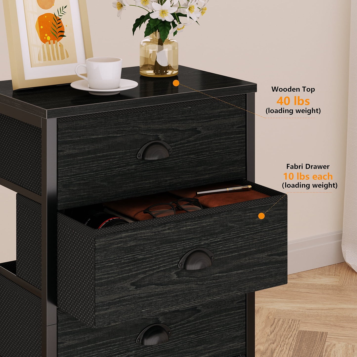Tydimor 6 Drawer Dresser,Chest of Drawers for Bedroom Tall Fabric Dresser,Black Oak