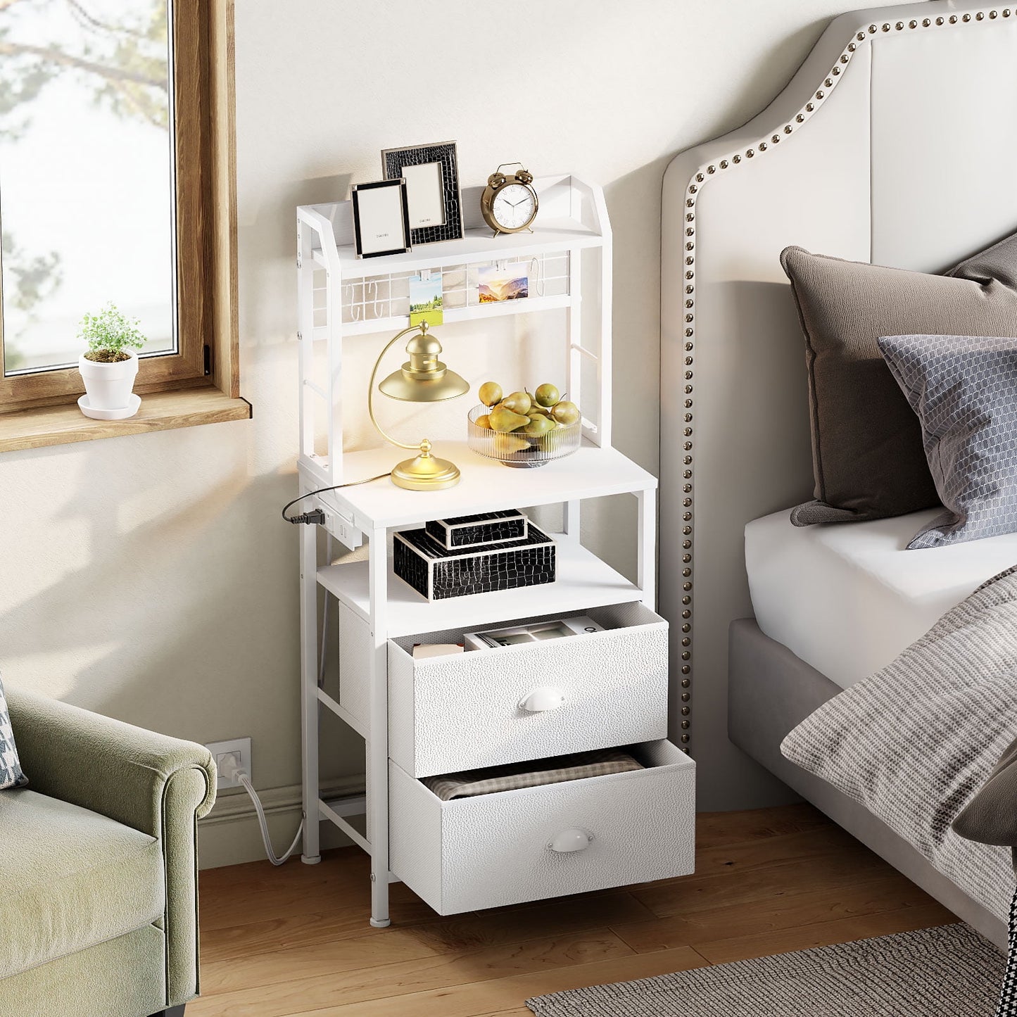 Satifur Tall Nightstand with Hutch, Charging Station, Pegboard & Drawers,Multifunctional Bedside Table with USB Ports,White