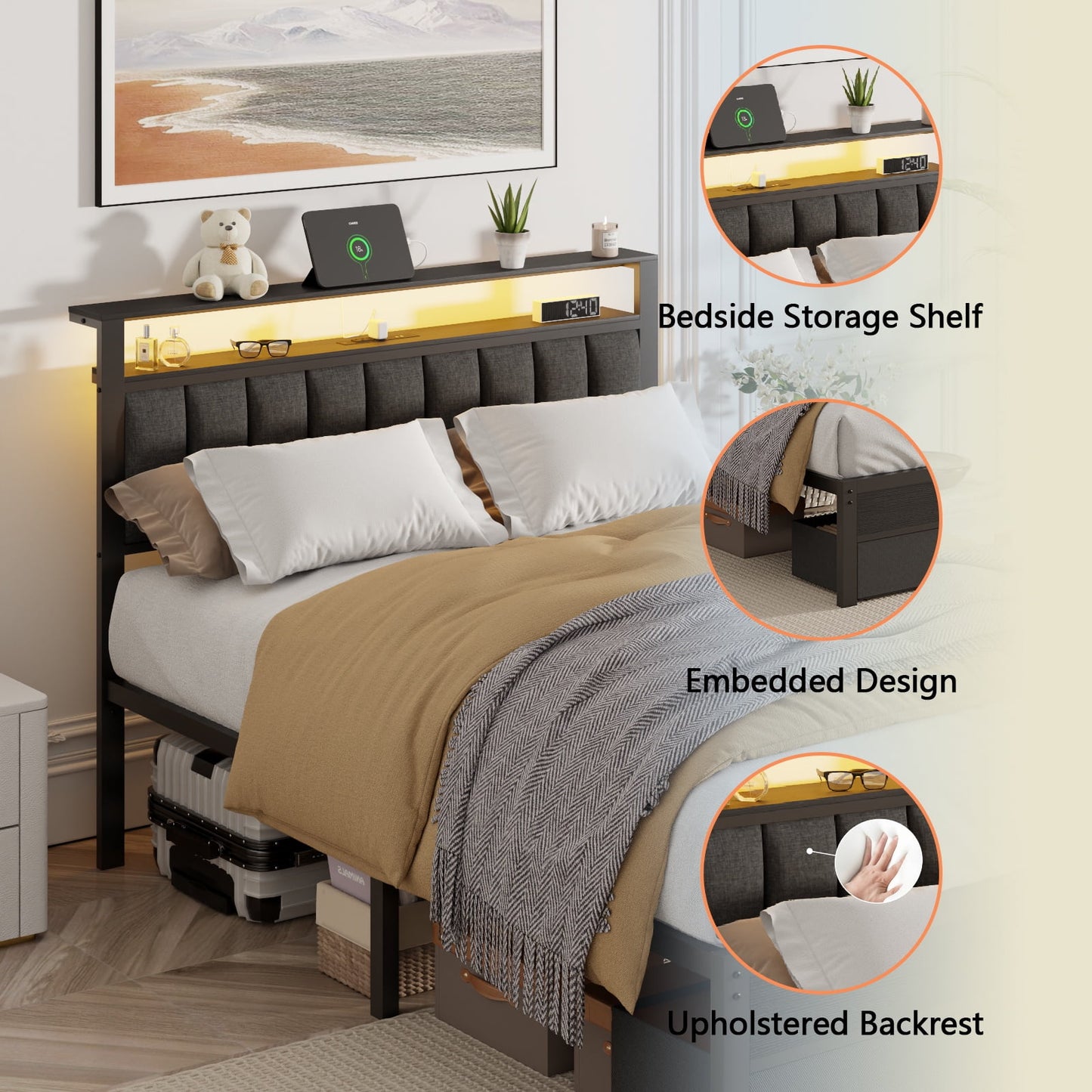 Tydimor Full Bed Frame with 2 Drawers & Storage Headboard, Platform Metal Bed with 2 USB Ports and Outlets, No Box Spring Needed