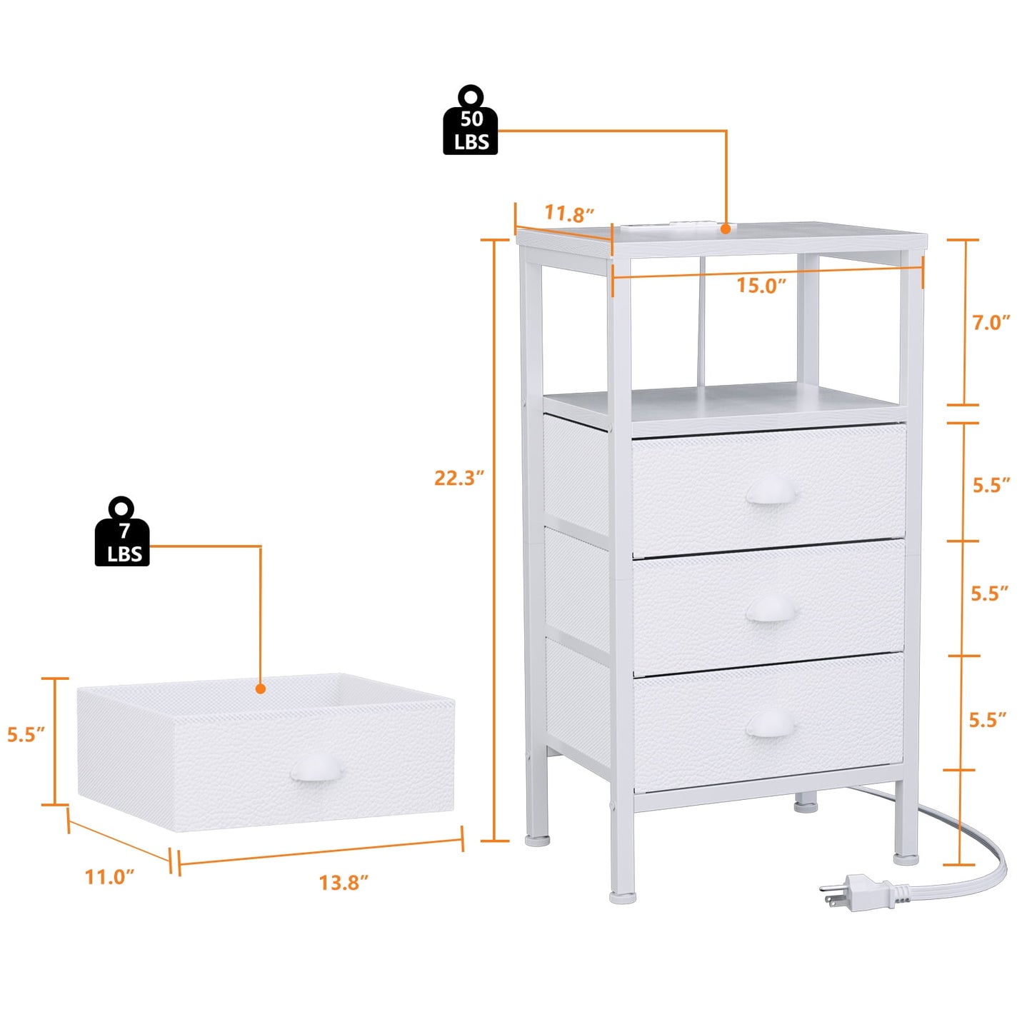 Satifur Nightstand with Charging Station Bedside Table with Fabric Storage Drawers, White