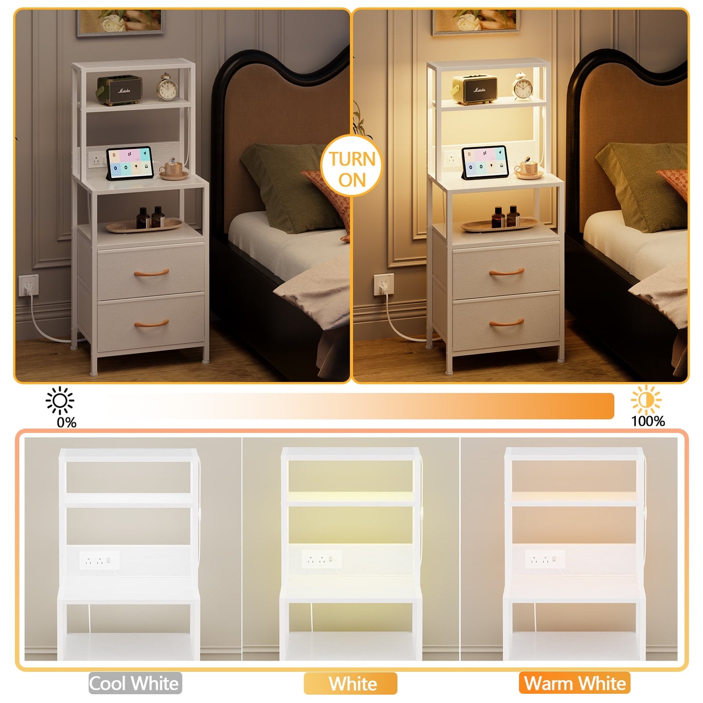 Satifur Tall LED Nightstand,Bedside Table with Charging Station,2 Fabric Drawers & Shelfs for Bedroom Living Room,White