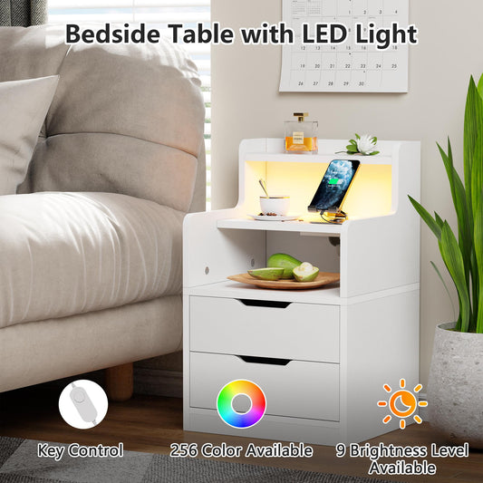 Satifur White Nightstand with Charging Station,LED Nightstand with 2 Drawers Bed Side Table,White