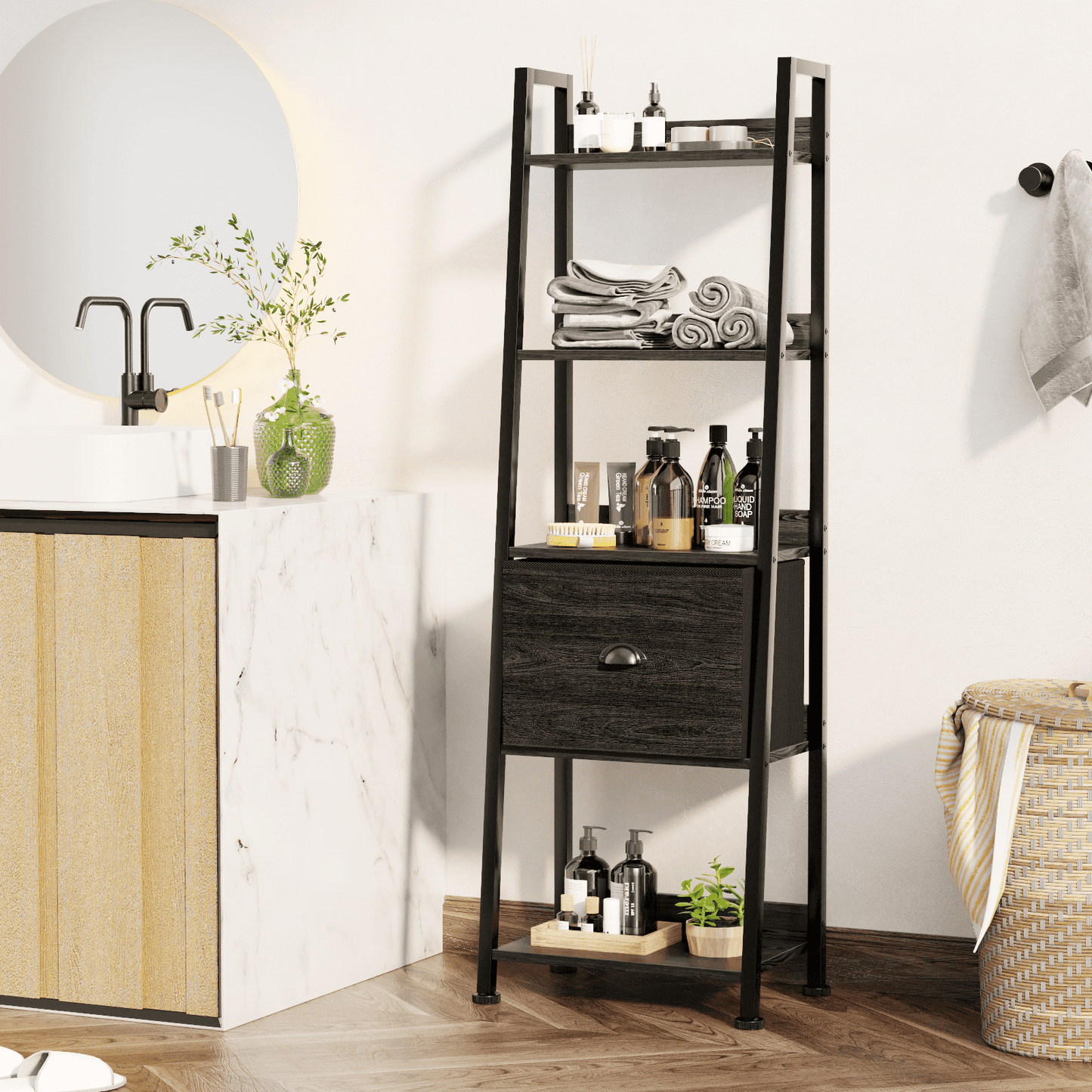 Tydimor 5-Tier Ladder Bookshelf With Drawer, Leaning Bookcase Storage Display Shelf, Black Oak