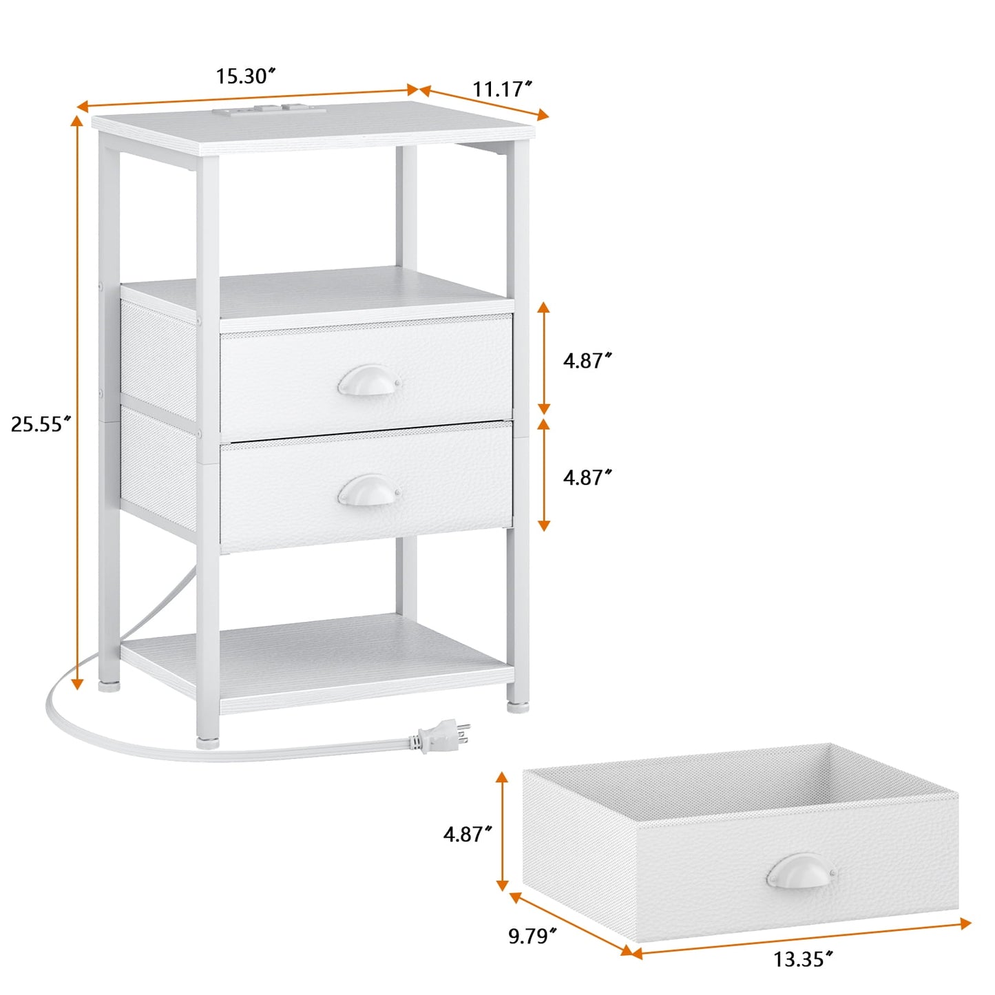 Satifur Side Table with Light, Charging Station, White Nighstand for Bedroom, Living Room