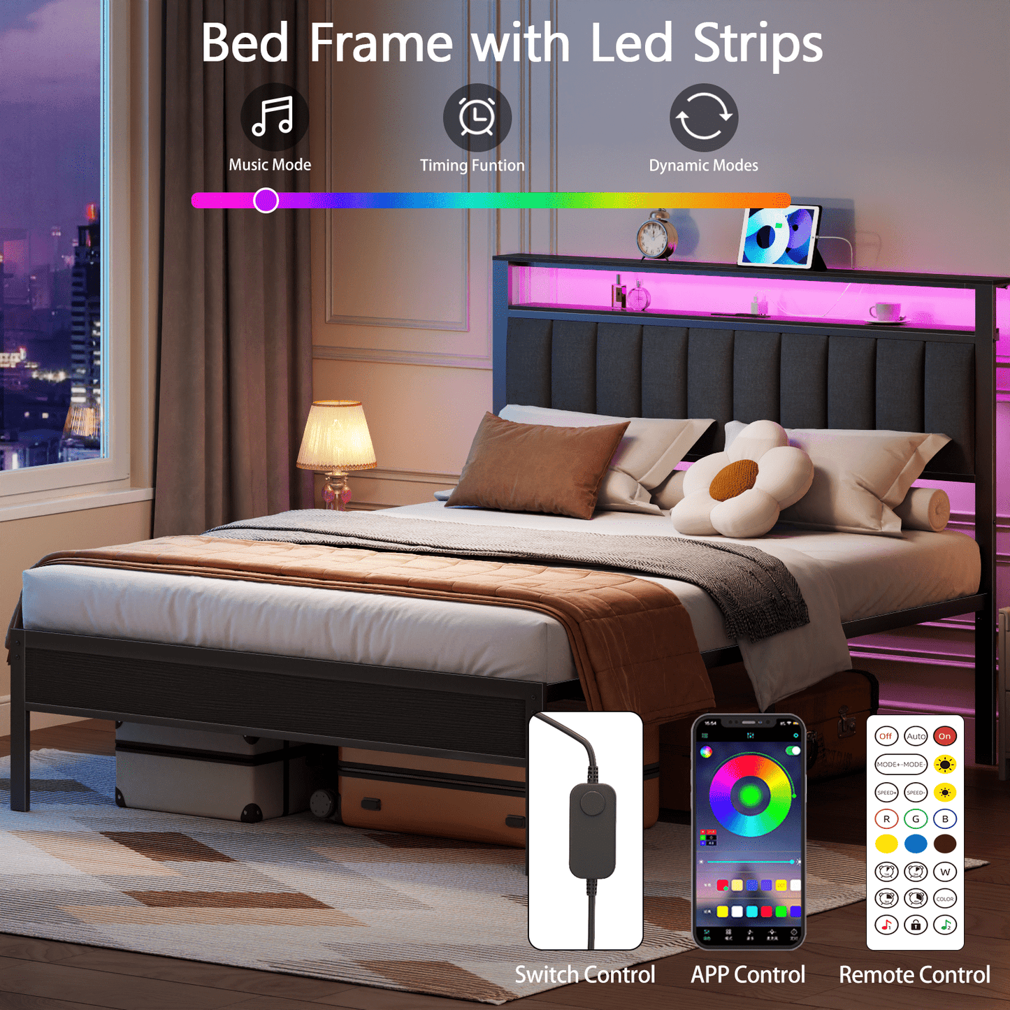 Satifur Queen LED Bed Frame with Smart RGB Lights, Headboard Charging Station, Versatile Storage Solution, Comfortable Upholstered Backrest, No Box Spring Needed