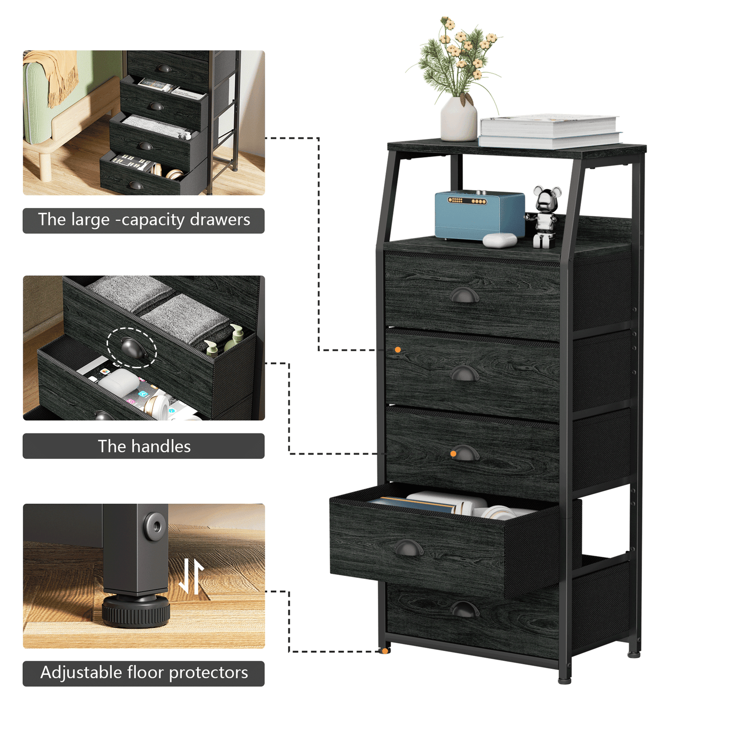 TYDIMOR Fabric Dresser for Bedroom, 5 Drawer Chest of Drawers, Black, Ideal for Adults