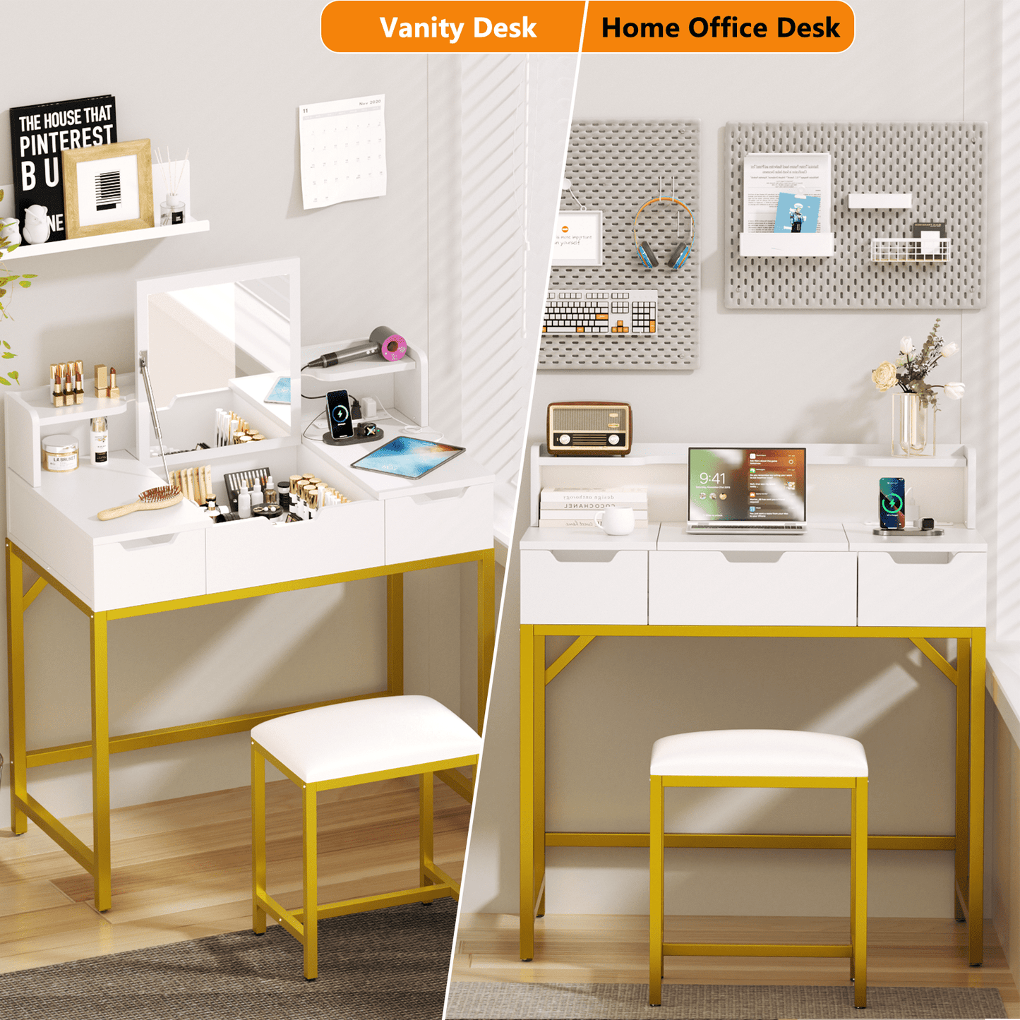 Satifur Vanity Desk 2 in 1 Design with Mirror and Charging Station Makeup Table with Chair and Storage Space