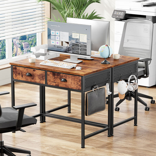Satifur Computer Desk with Drawers & Hooks, 34" Writing Desk with 2 Fabric Drawers for Bedroom, Rustic Brown
