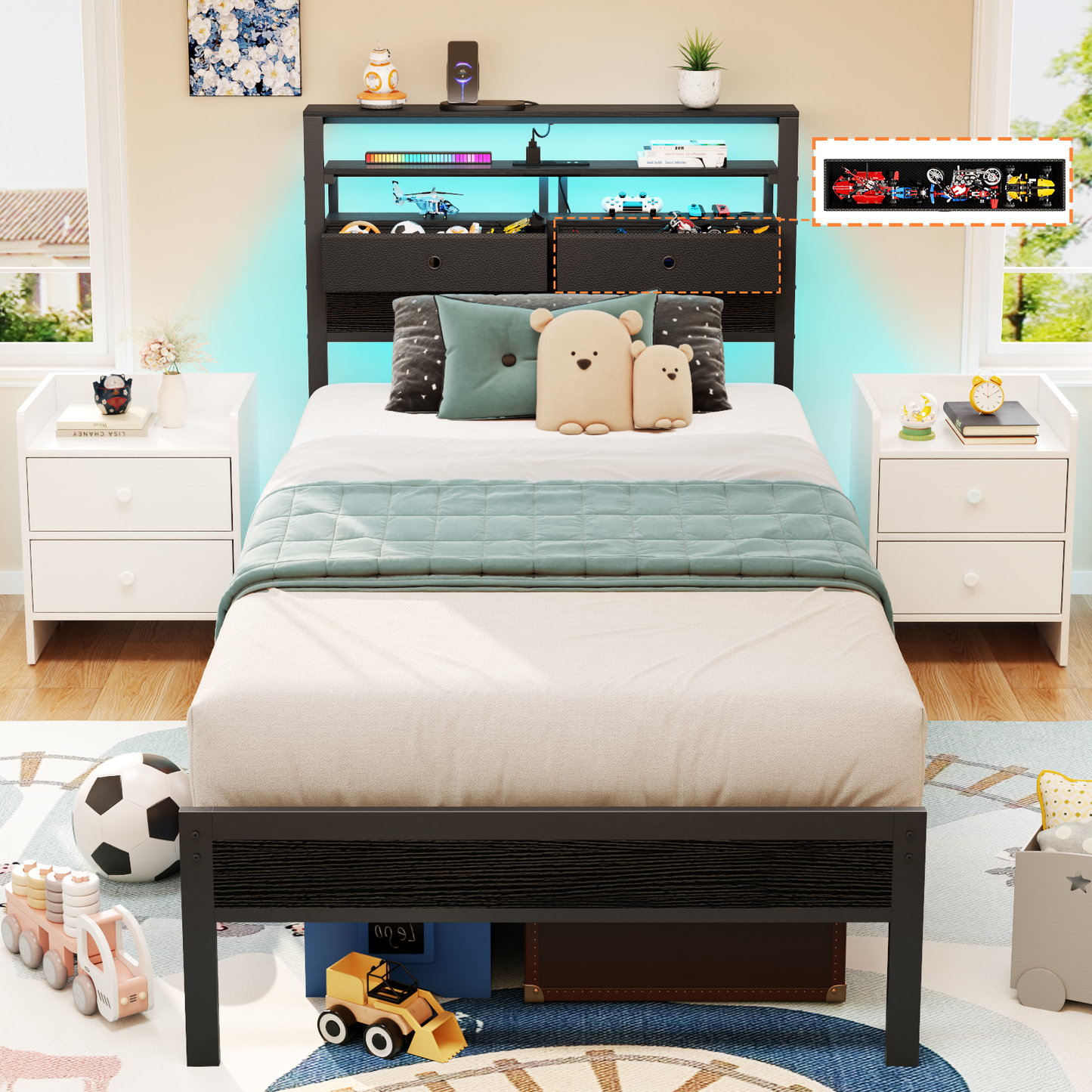 Satifur Twin Size Bed Frame with 2 Storage Drawers Headboard, LED & Charging Station, Black oack