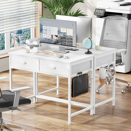 Satifur White Writing Desk with Drawers & Hooks, 34" Computer Desk with 2 Fabric Drawers
