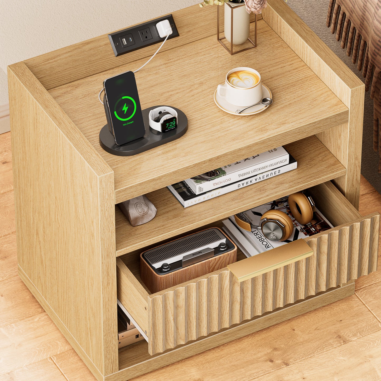 Satifur Modern Fluted Nightstand with Charging Station Storage Drawer, End Table with Open Shelf