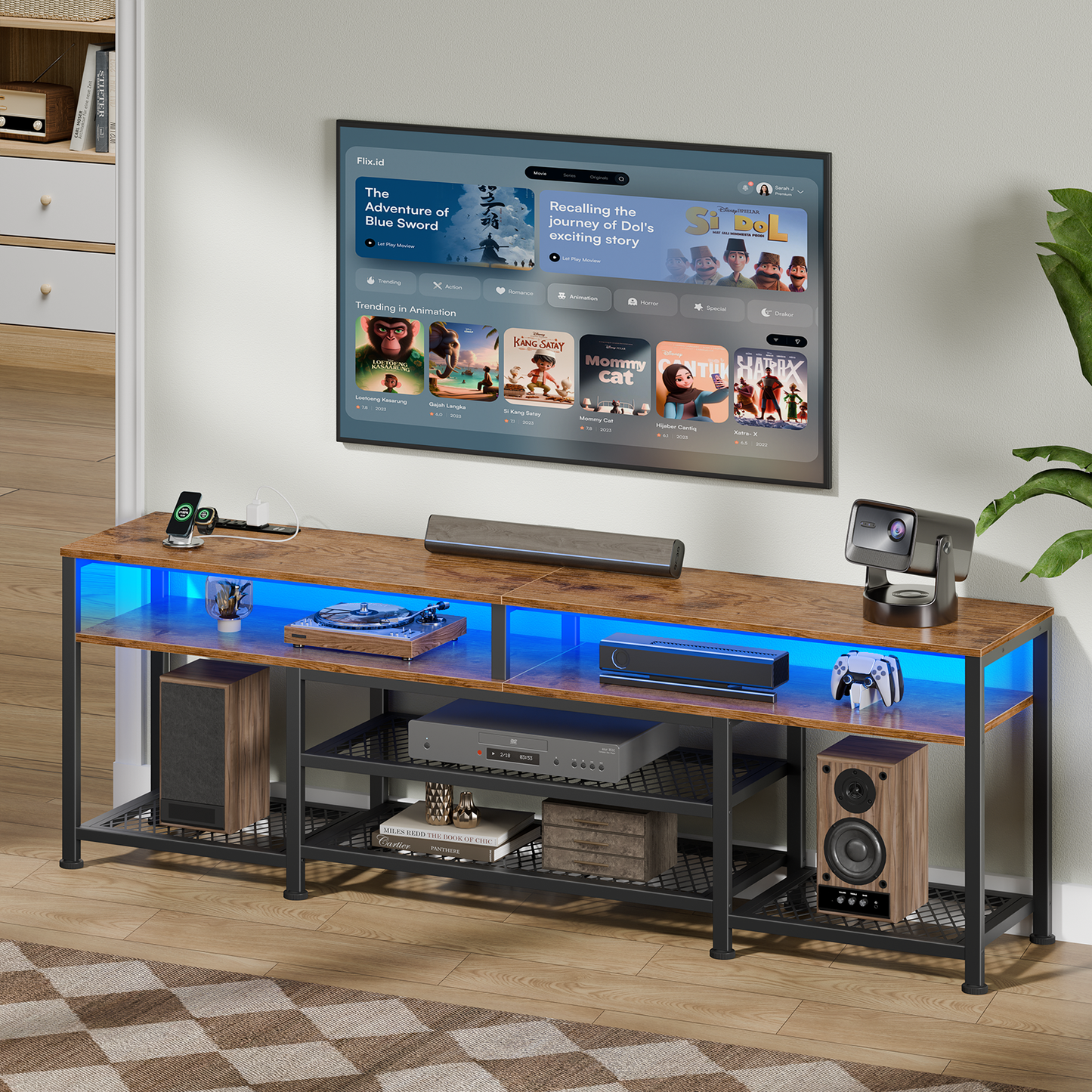 Tydimor Modern TV Stand for TVs up to 75", Media Console with Storage for Living Room, LED Entertainment Center with Outlets, Rustic Brown