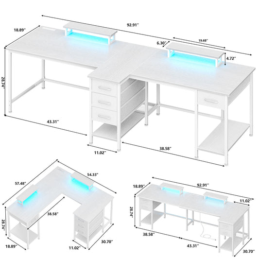 Satifur Computer Desk with Power Outlet & LED Light, Home Office Writting Desk for 2 Person 93" with Drawers & Monitor Stands, White