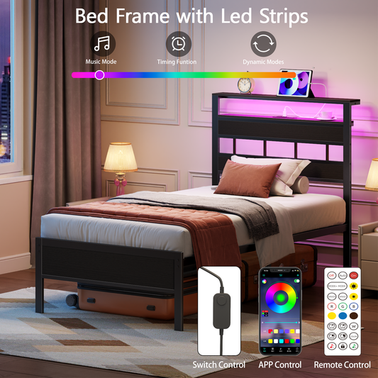 Tydimor LED Lights Twin Bed Frames with Headboard, Standard Storage Bed Platforrm with Storage Underbed, No Box Spring Needed