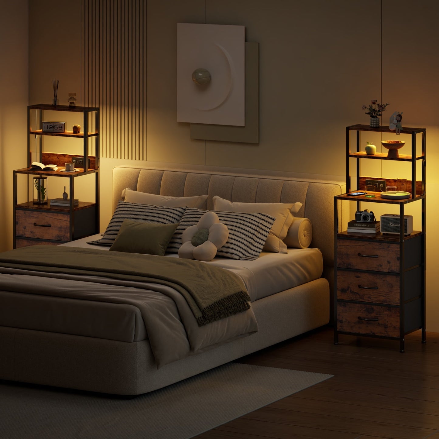 Satifur Tall Nightstand with Charging Station and LED Lights, Bedside Table with Bookshelf,3 Fabric Drawers, Rustic Brown
