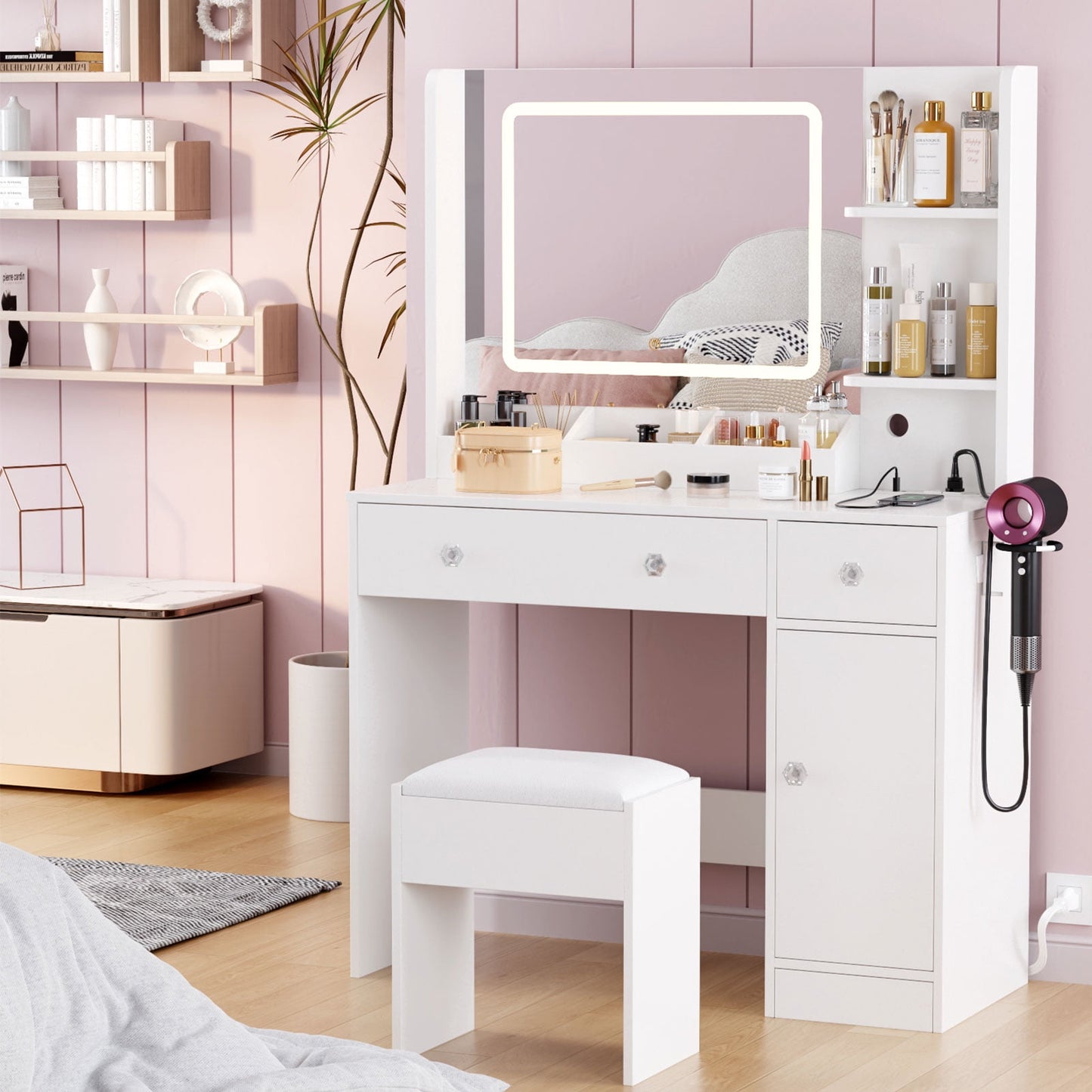Satifur Vanity Set with Mirror & Lights, Women Makeup Table with Charging Station, Sturdy Dressing Desk with Drawers & Stool