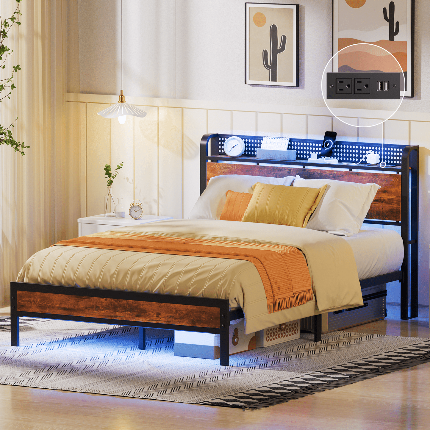 Hexmn Full RGB LED Strip Platforrm Bed Frames with Headboard Metal, Storage Shelves & Underbed, Niose Free, No Box Spring Needed