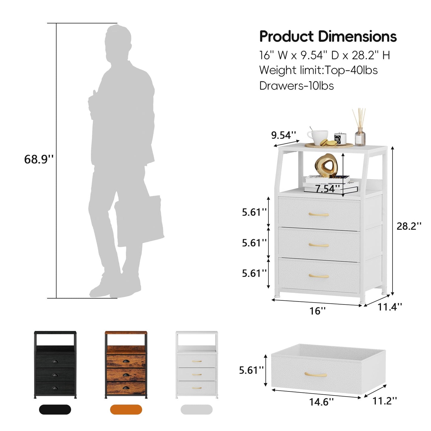 Satifur Nightstand,Vertical Dresser with Fabric Chest of Drawers & Storage for Bedroom,Living Room,White
