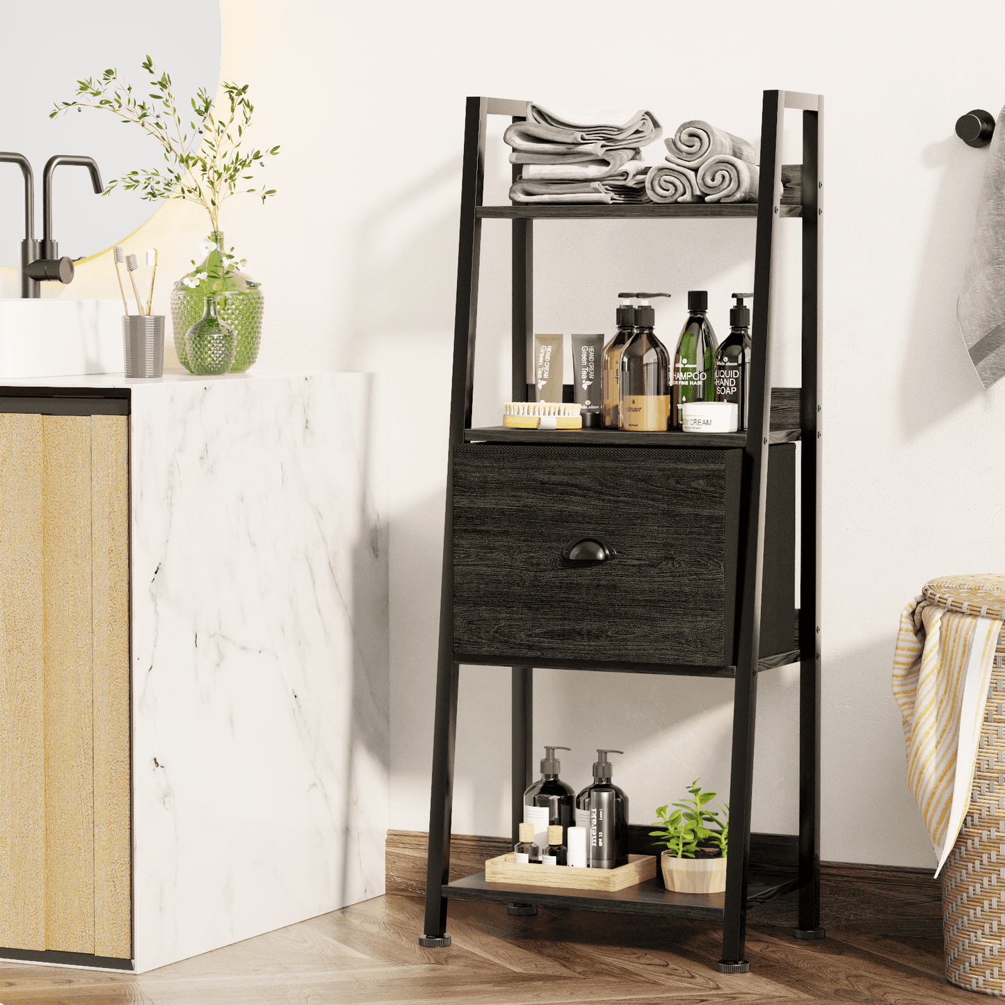 Tydimor 4-Tier Ladder Bookshelf With Drawer, Leaning Bookcase Storage Display Shelf, Black Oak