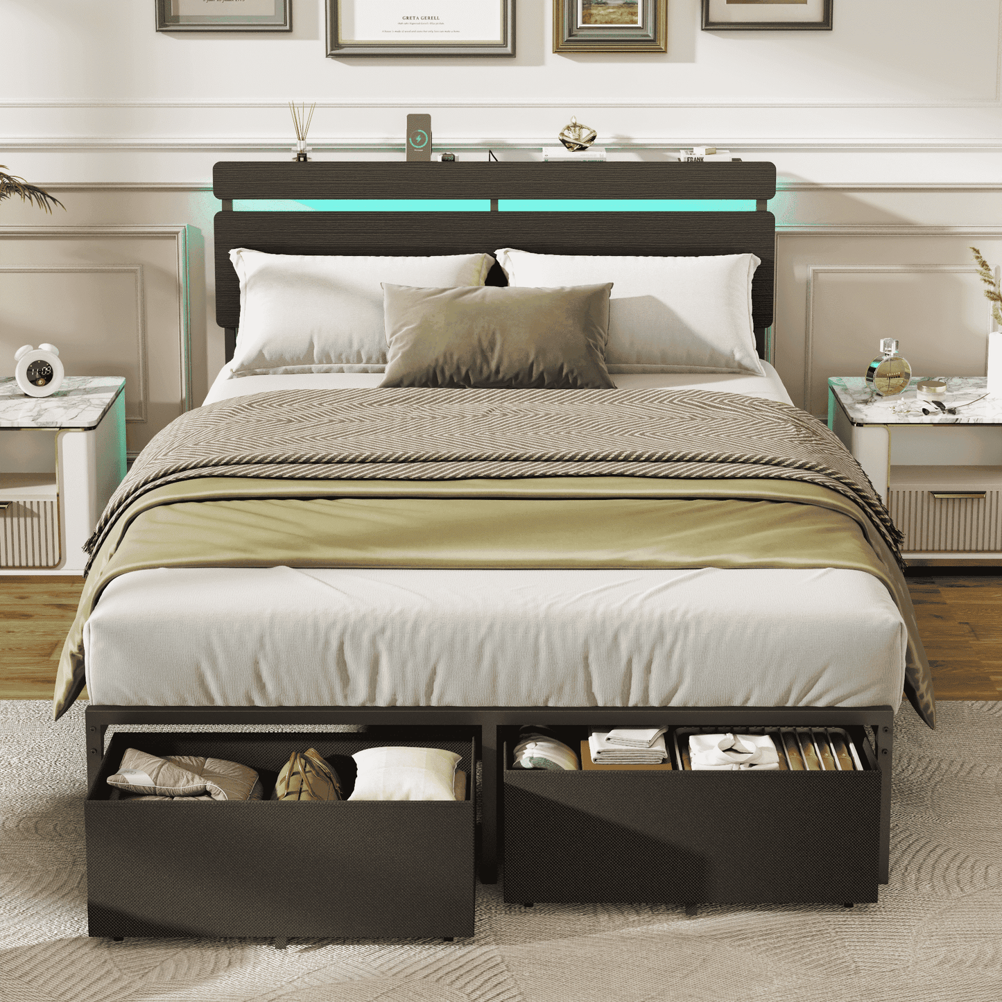 Tydimor Full Size Bed Frame with 2 Drawers & LED Lights & Charging Station, Beds with Headboard & 10.10" Under Bed Storage, No Box Spring Needed, Easy Assembly, Black