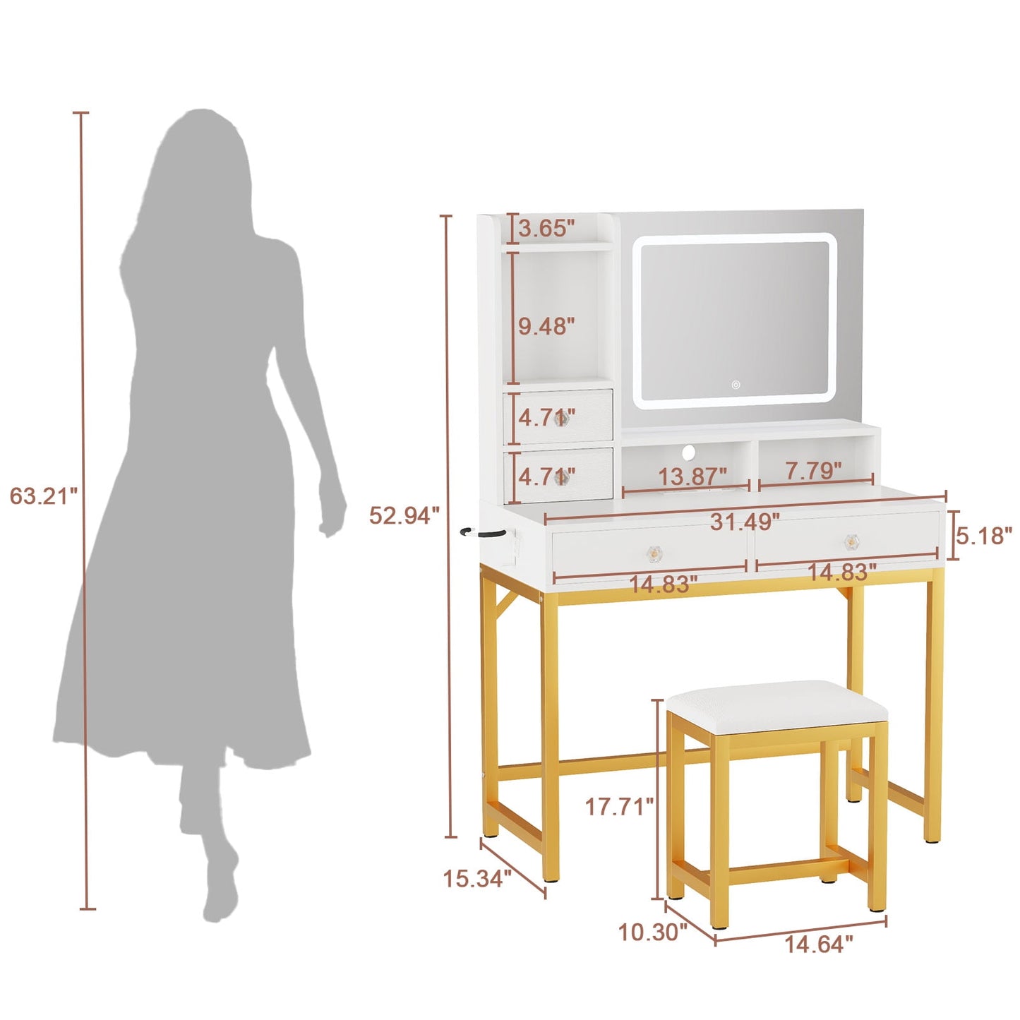 Satifur Lighted Makeup Vanity Set, Women Dressing Table with Outlets, Vanity Desk with Drawers & Stool
