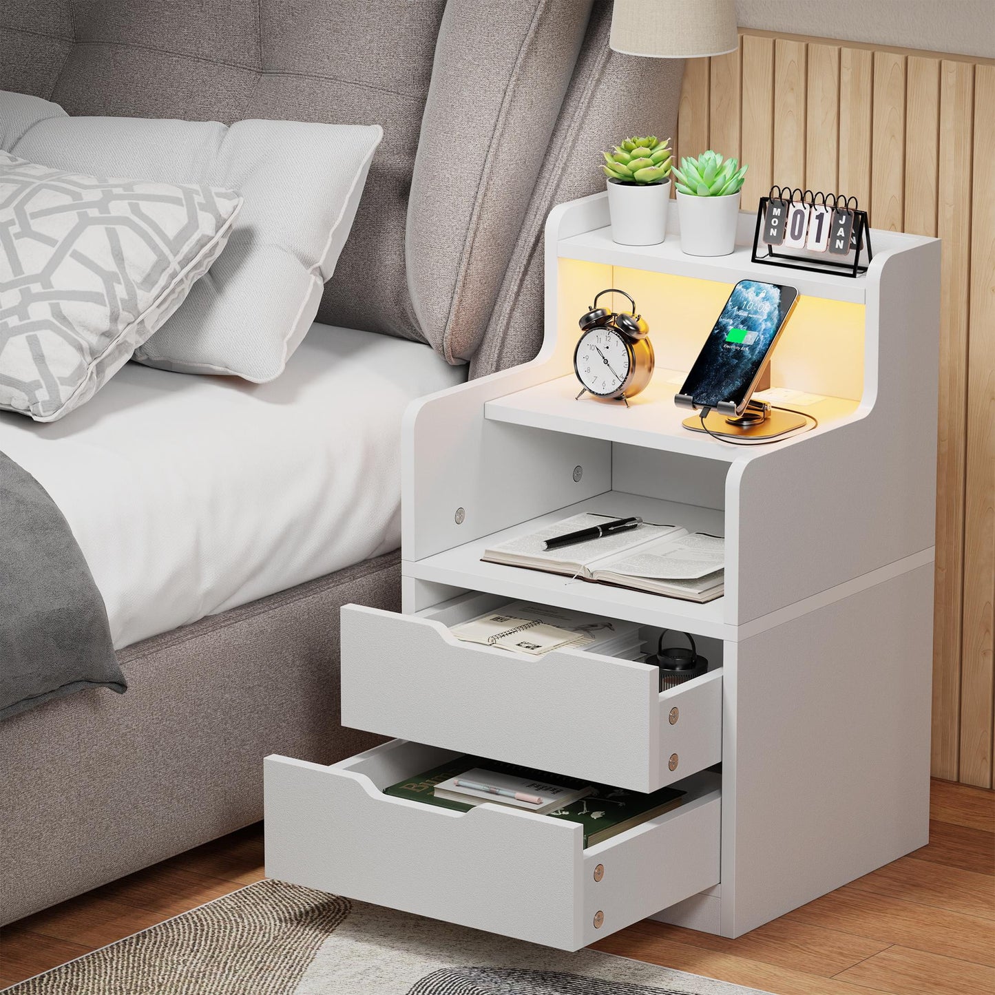 Satifur White Nightstand with Charging Station,LED Nightstand with 2 Drawers Bed Side Table,White