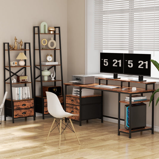 Satifur Computer Desk with Drawers & Monitor Stand, Office Desk for Dual Monitors, Adjustable Shelves, Rustic Brown