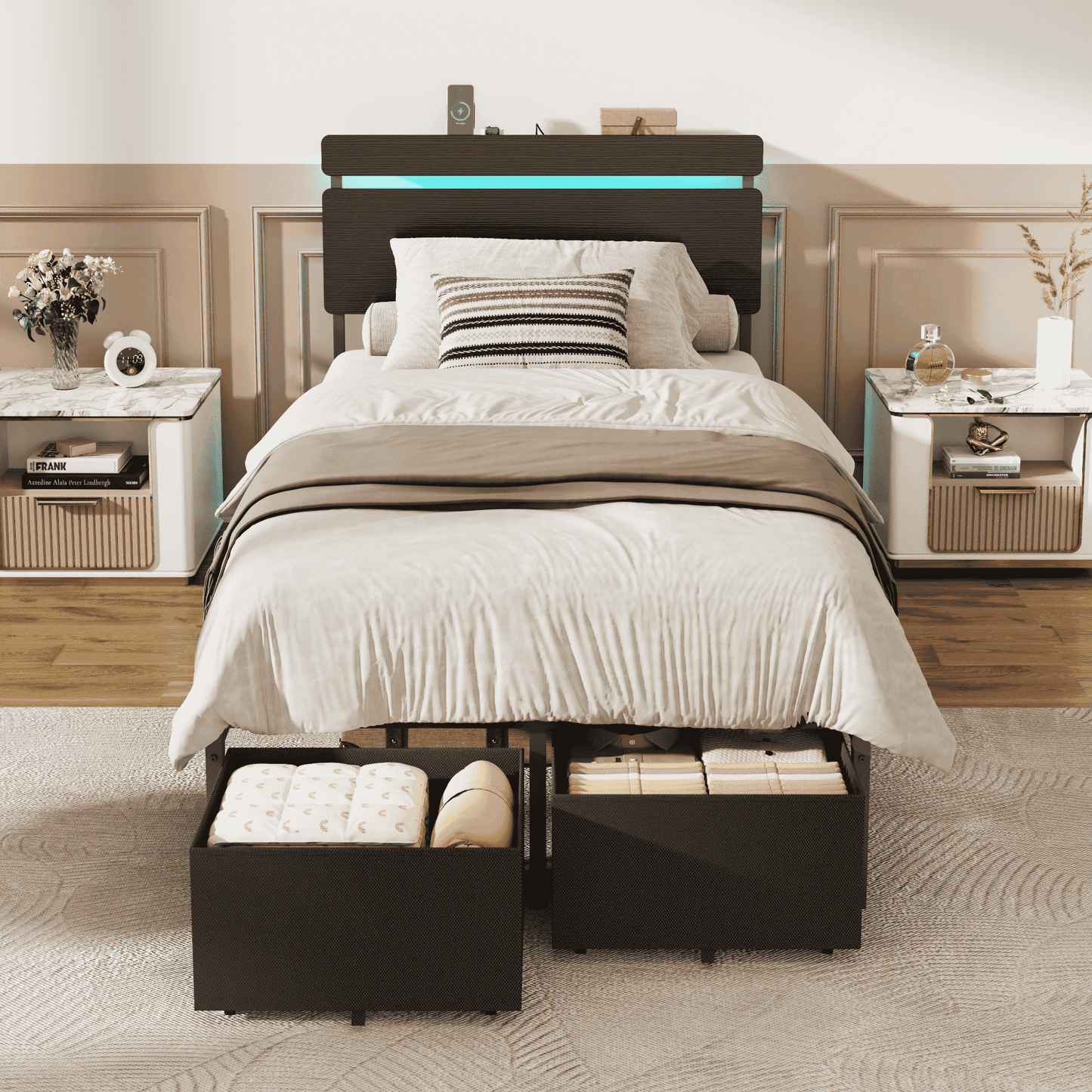 Satifur Twin Size Bed Frame with 2 Drawers & LED Lights & Charging Station, Beds with Headboard & 10.10" Under Bed Storage, No Box Spring Needed, Easy Assembly, Black