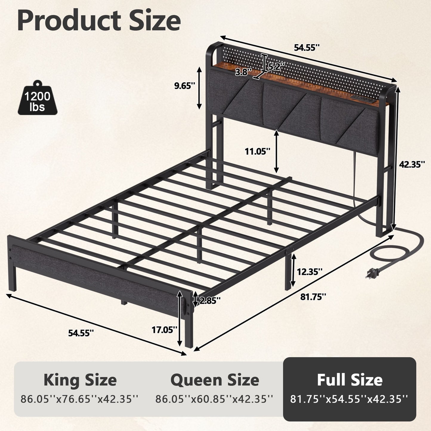 Satifur Full Bed Frame with Upholstered Storage Headboard, Metal Platform Bed Station with Charging Station & LED, Noise-Free. No Box Spring Needed