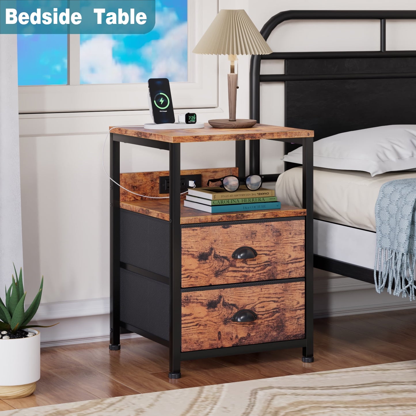 Satifur Nightstand Set of 2, Side End Table with Charging Station, 2 Drawers, Rustic Brown