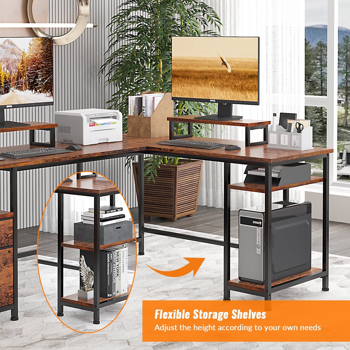 Furologee Computer Desk, Adult Collection L-Shaped MultiFuntional Rustic Desk, Rustic Brown