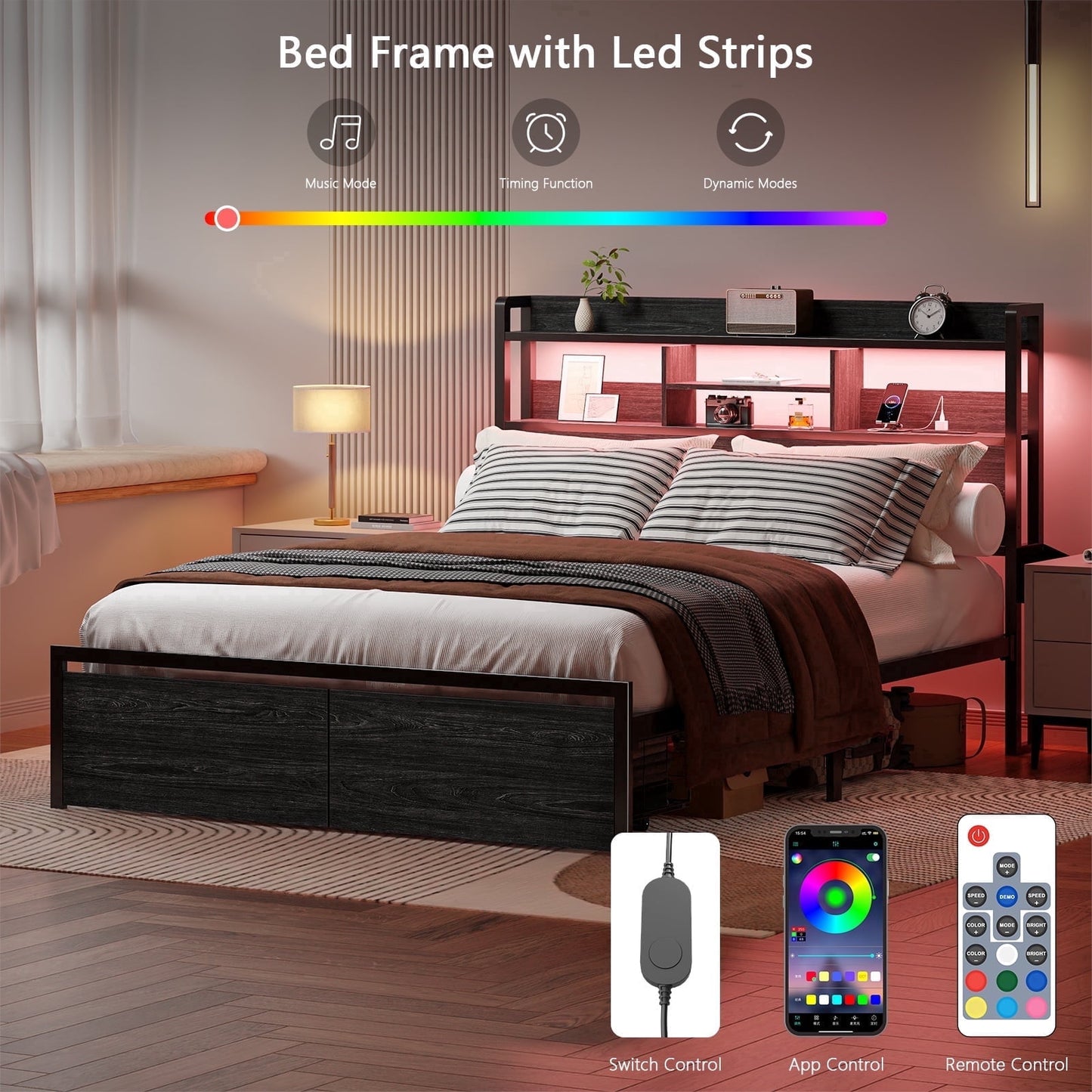 Satifur King Bed Frames with Built in Charging, Storage Drawers and LED Lights