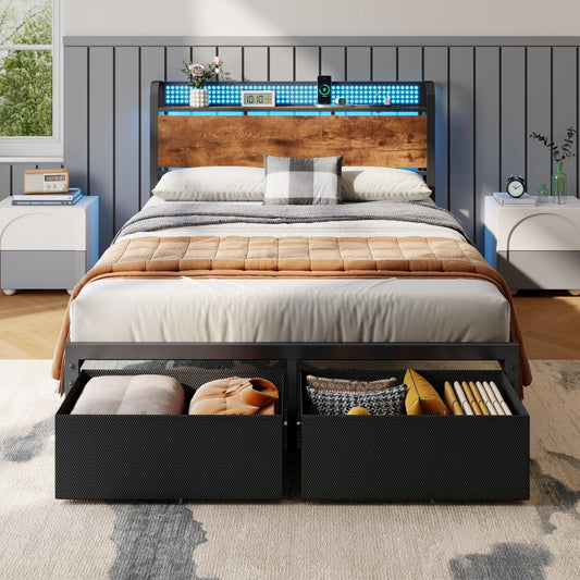 Satifur Full Bed Frame with 2 Drawers & Storage Headboard, Platform Metal Bed with Charging Station, No Box Spring Needed