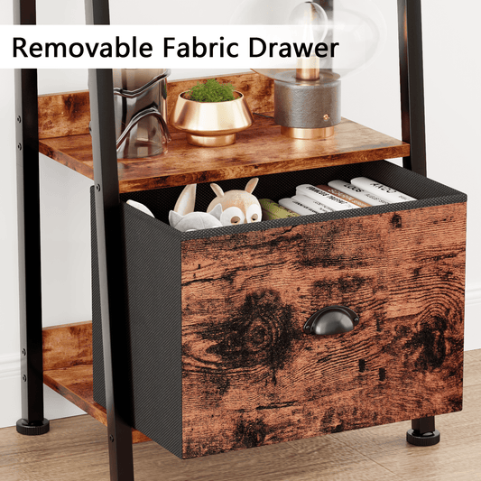 Tydimor 5-Tier Ladder Bookshelf With Drawer, Leaning Bookcase Storage Display Shelf,Rustic Brown