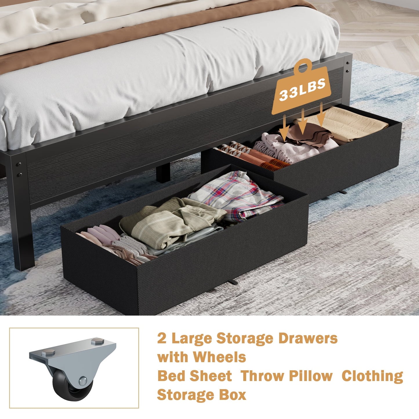 Hexmn Queen Bed Frame with Upholstered Storage Headboard & 2 Drawers, Platform Metal Bed with 2 USB Ports and Outlets, Under-bed Storage and Noise Free Design