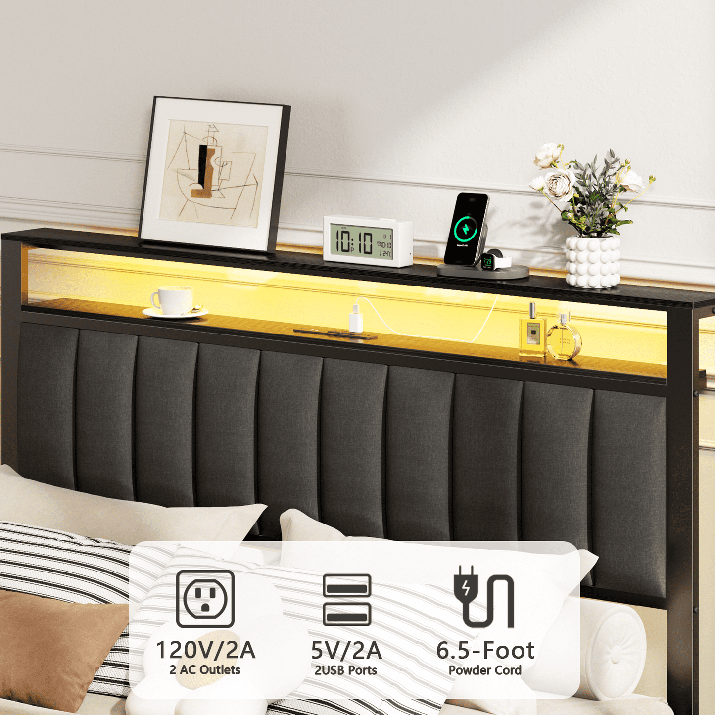 Satifur Queen LED Bed Frame with Smart RGB Lights, Headboard Charging Station, Versatile Storage Solution, Comfortable Upholstered Backrest, No Box Spring Needed