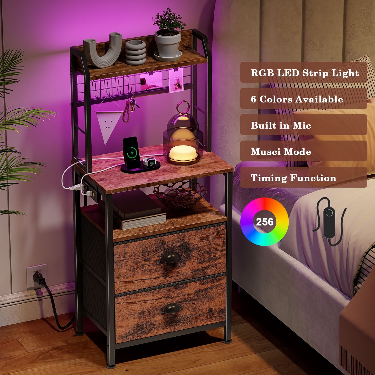 Satifur Tall Nightstand with Hutch, Charging Station, Pegboard & Drawers,Multifunctional Bedside Table with USB Ports, Rustic Brown