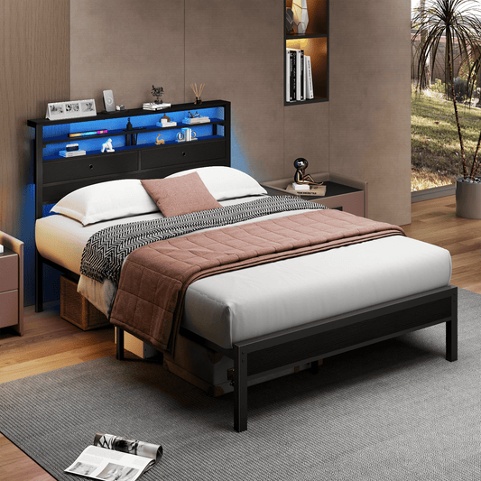 Tydimor Full Size Bed Frame with 2 Storage Drawers Headboard, LED & Charging Station, Black oack
