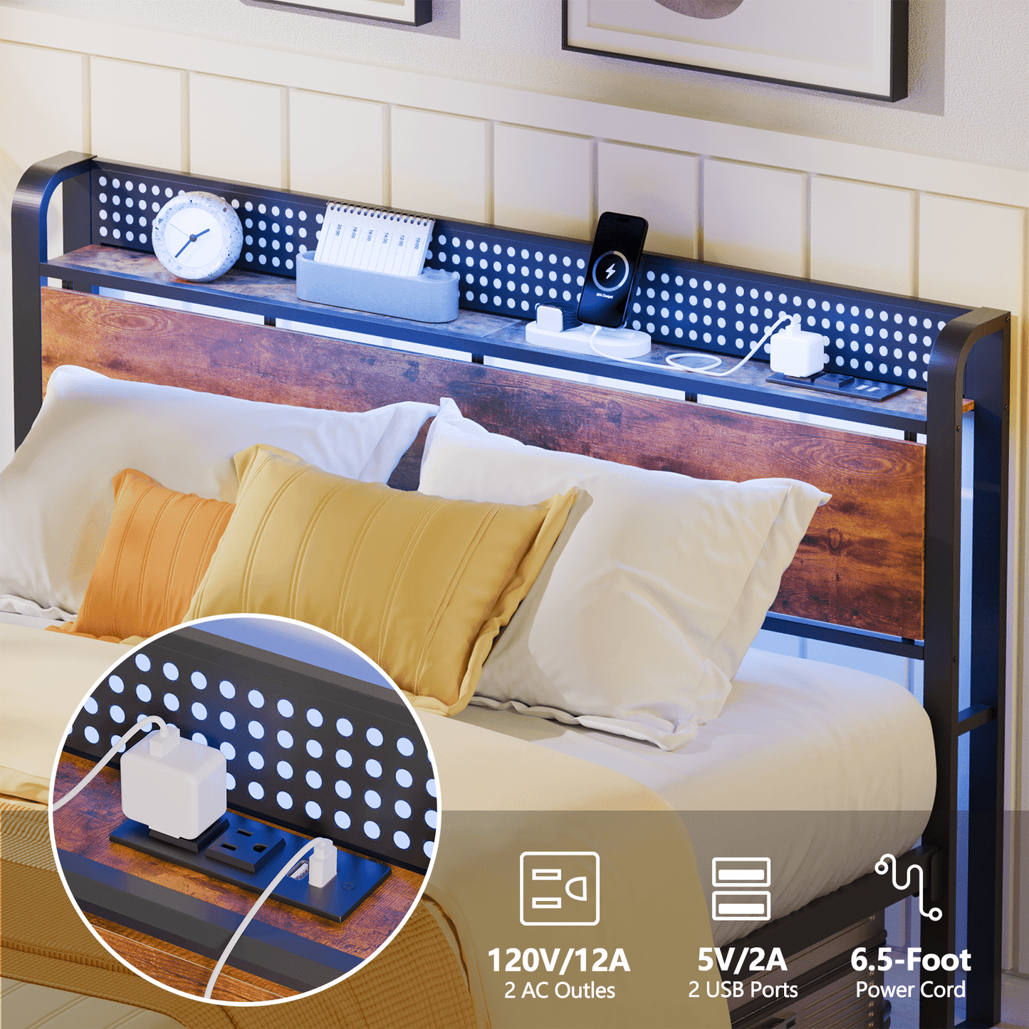 Hexmn Queen RGB LED Strip Platforrm Bed Frames with Headboard Metal, Storage Shelves & Underbed, Niose Free, No Box Spring Needed