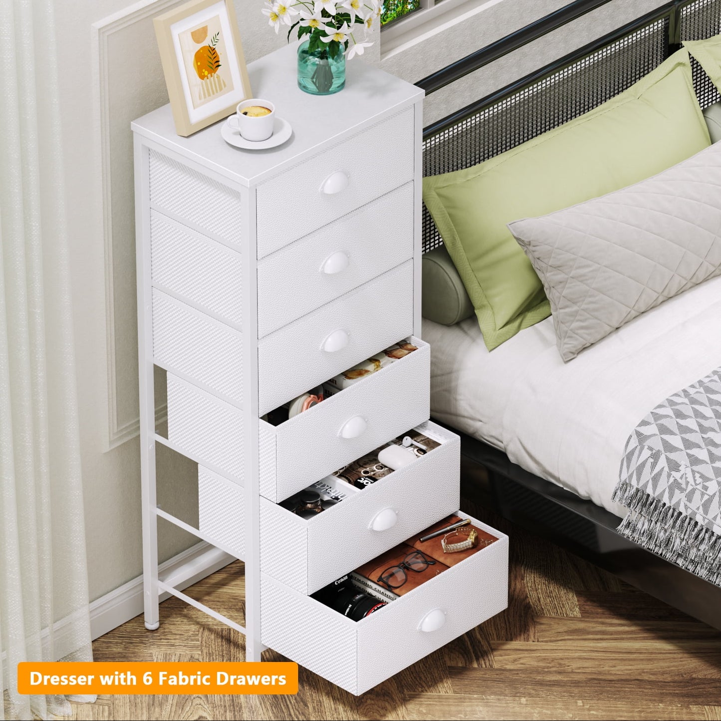 Tydimor 6 Drawer Dresser,Chest of Drawers for Bedroom Tall Fabric Dresser,White