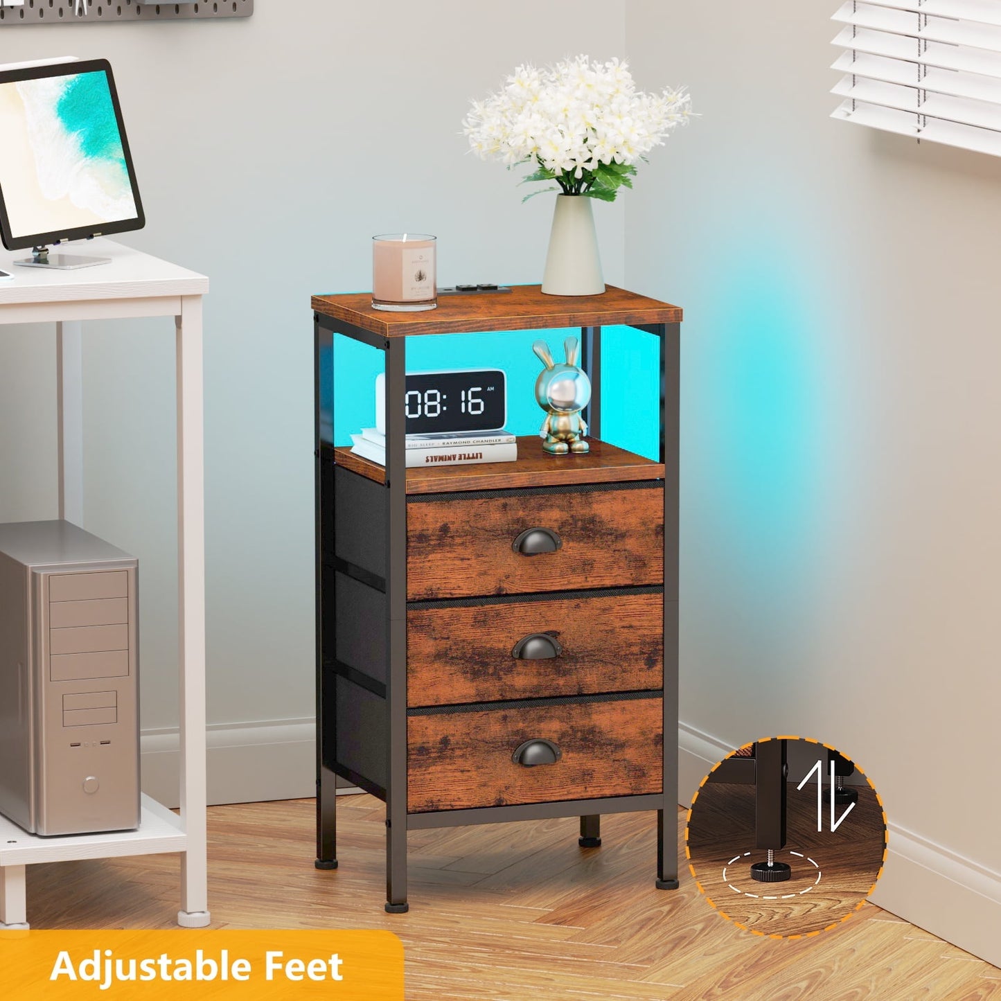 Satifur Night Stand with Charging Station,LED Nightstand with USB Ports and Outlets,Fabric Drawers Bed Side Table,Rustic Brown