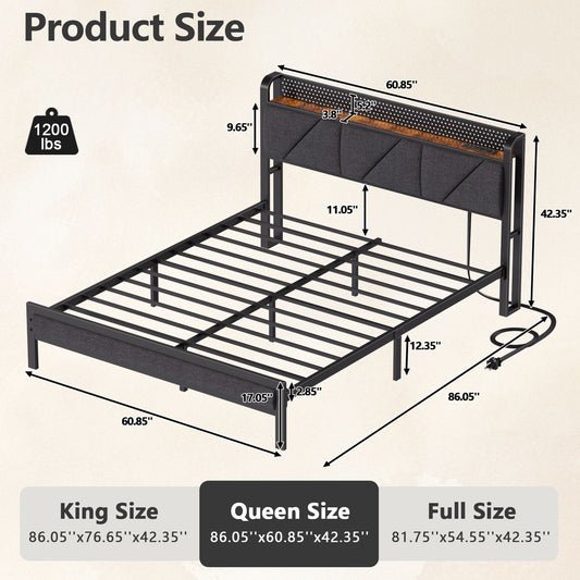 Satifur Queen Bed Frame with Upholstered Storage Headboard, Metal Platform Bed Station with Charging Station & LED, Noise-Free.No Box Spring Needed