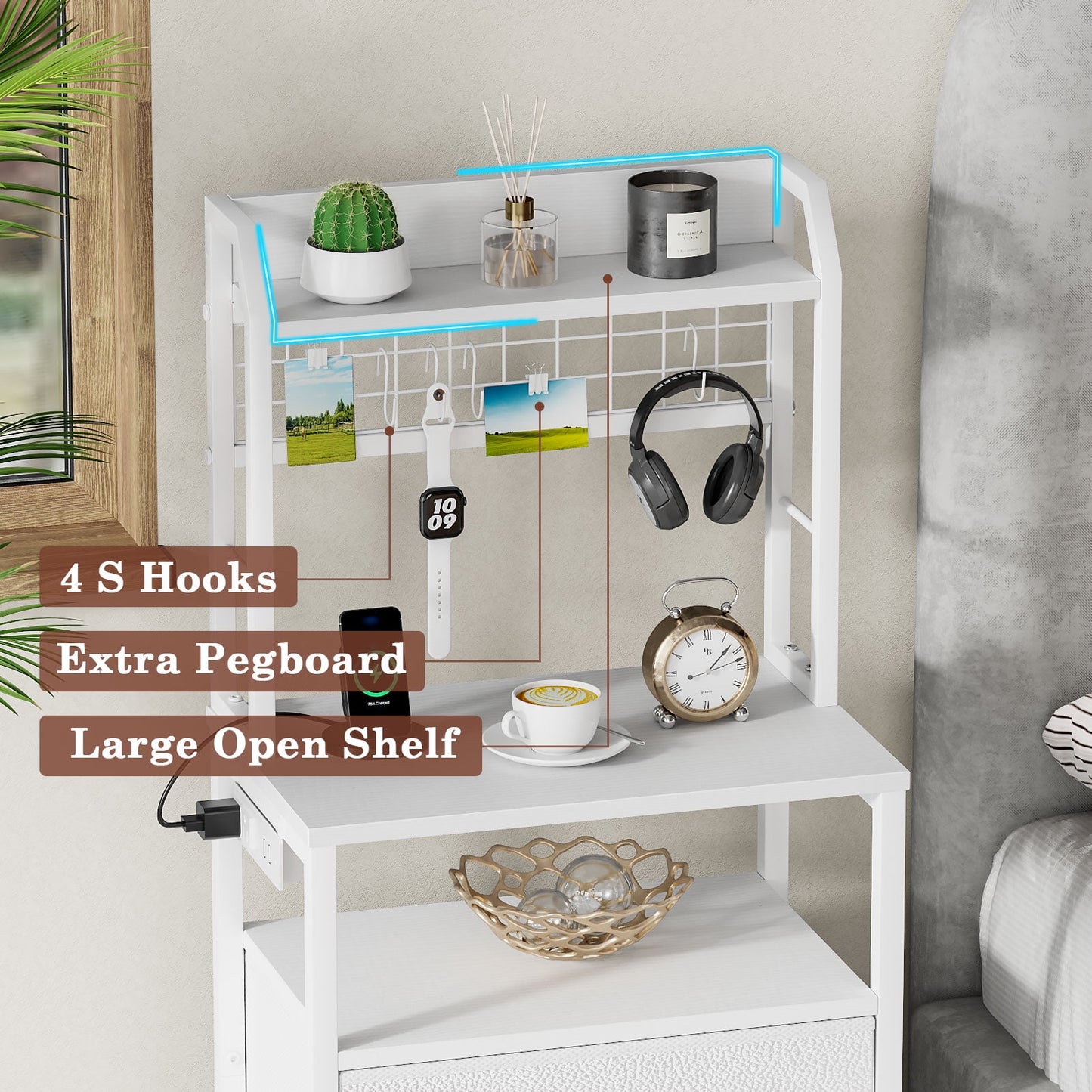 Satifur Tall Nightstand with Hutch, Charging Station, Pegboard & Drawers,Multifunctional Bedside Table with USB Ports,White