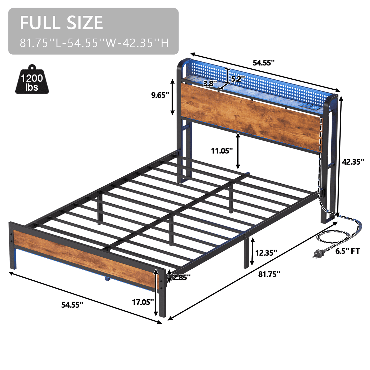 Hexmn Full RGB LED Strip Platforrm Bed Frames with Headboard Metal, Storage Shelves & Underbed, Niose Free, No Box Spring Needed