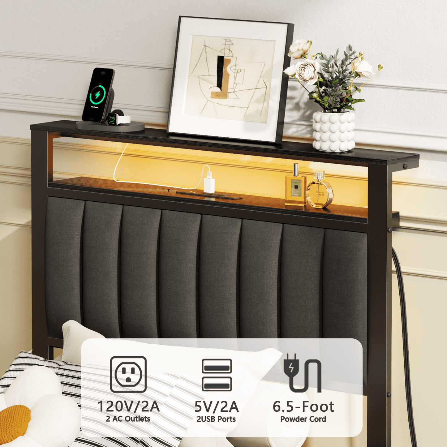 Satifur Twin LED Bed Frame with Smart RGB Lights, Headboard Charging Station, Versatile Storage Solution, Comfortable Upholstered Backrest, No Box Spring Needed