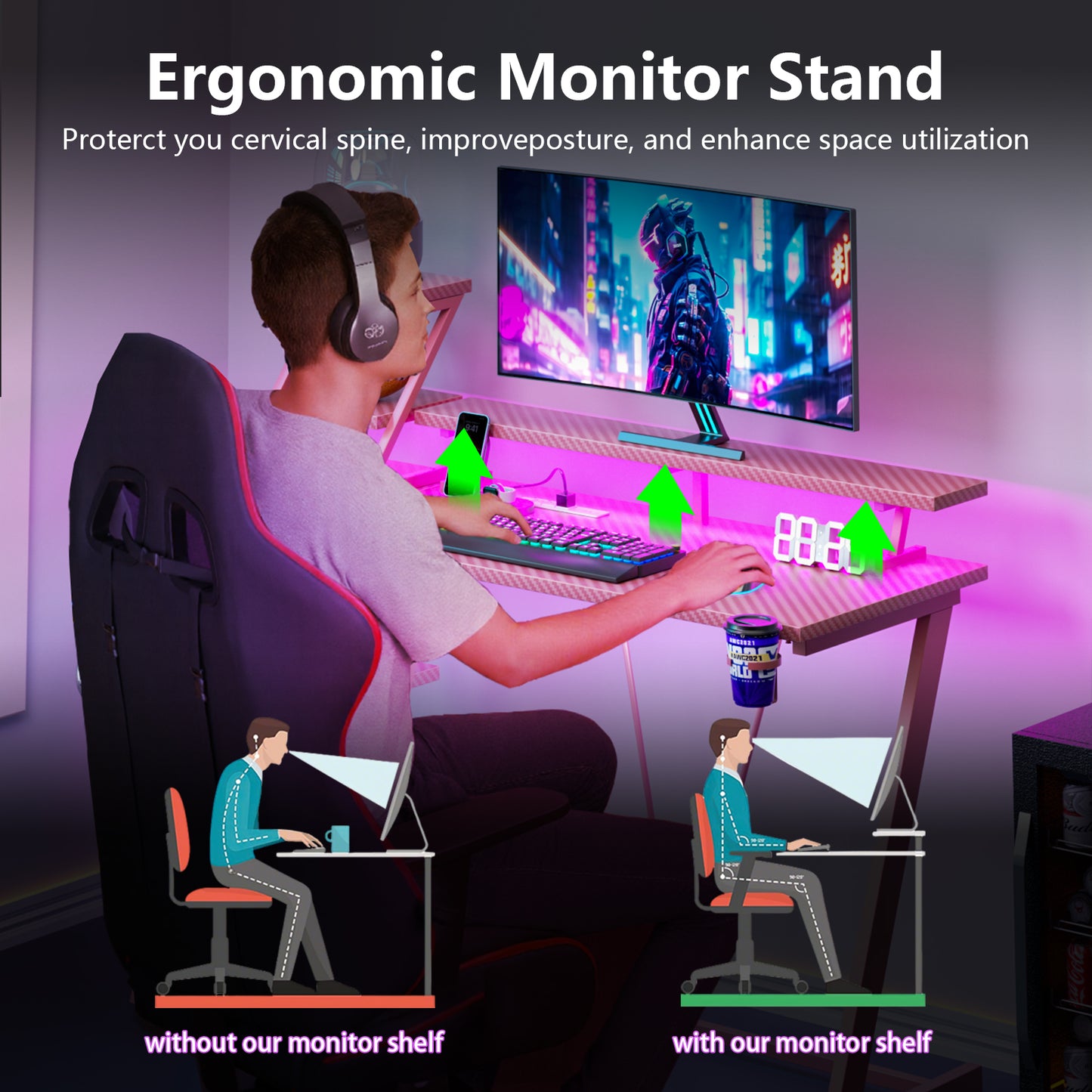 Satifur 47" Carbon Fiber Gaming Desk L-Shaped Computer Desk, RGB Lights & Power Outlets, Pink