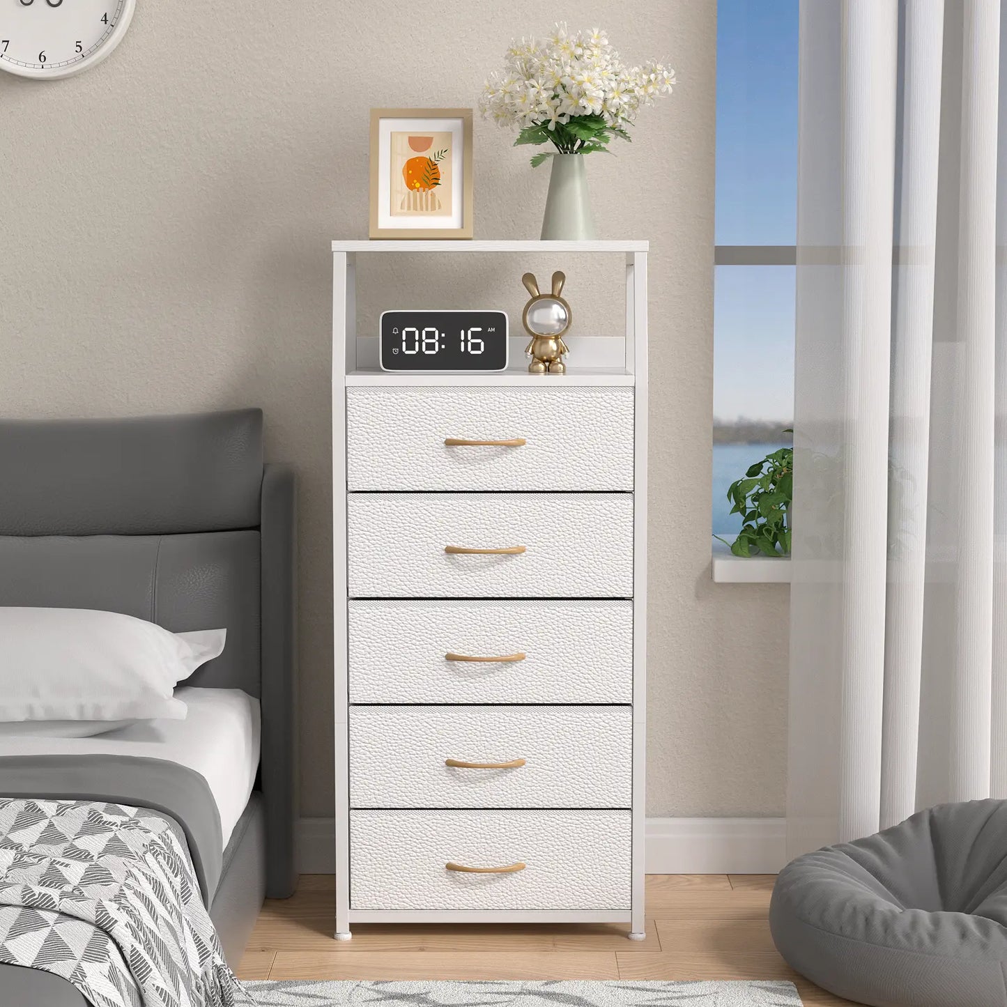 TYDIMOR Fabric Dresser for Bedroom, 5 Drawer Chest of Drawers, White, Ideal for Adults