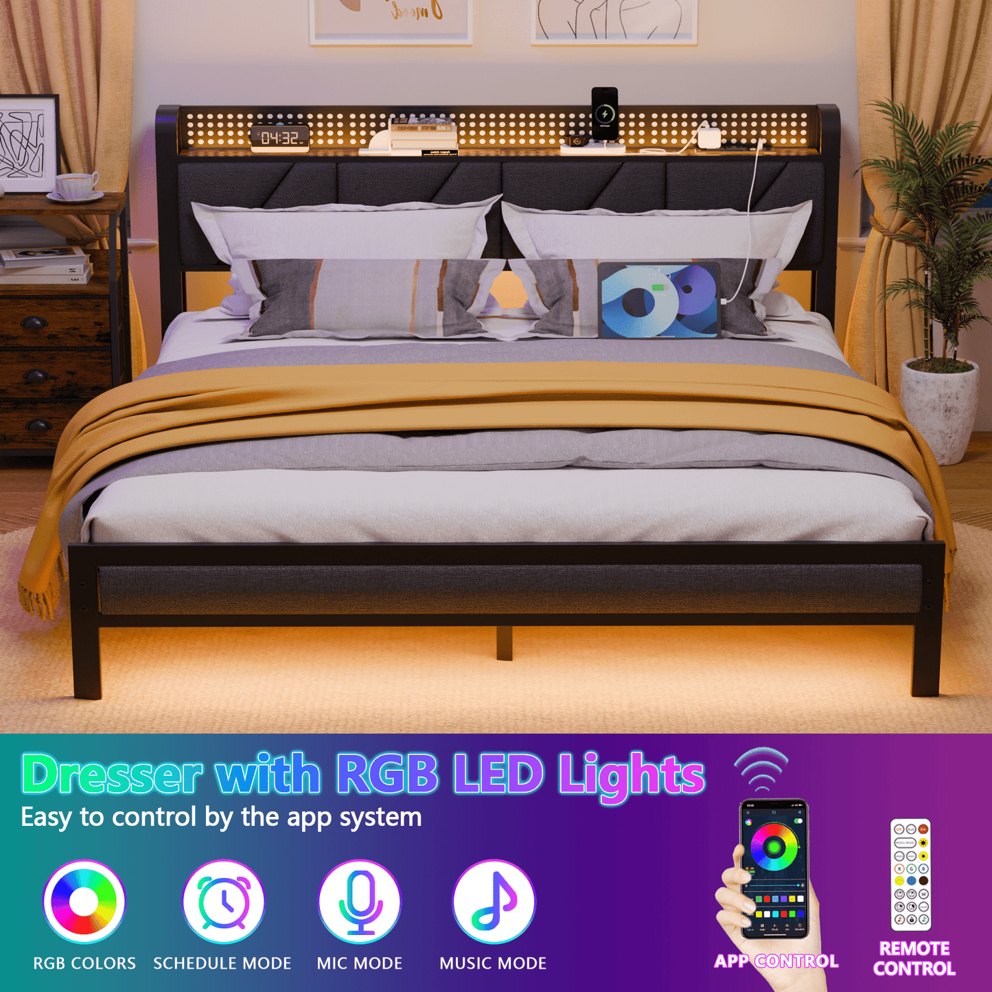 Tydimor Full Size Metal Smart Bed Frames with Upholstered Headboard, LED Lights, USB Ports and Outlets, Storage Shelves & Underbed