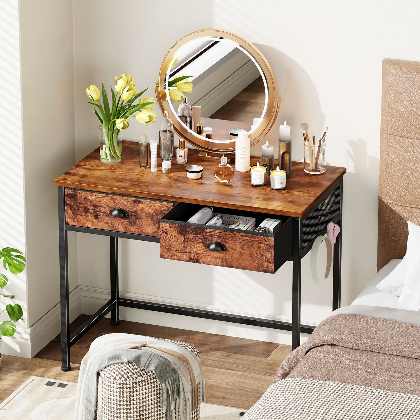 Satifur Computer Desk with Drawers & Hooks, 34" Writing Desk with 2 Fabric Drawers for Bedroom, Rustic Brown
