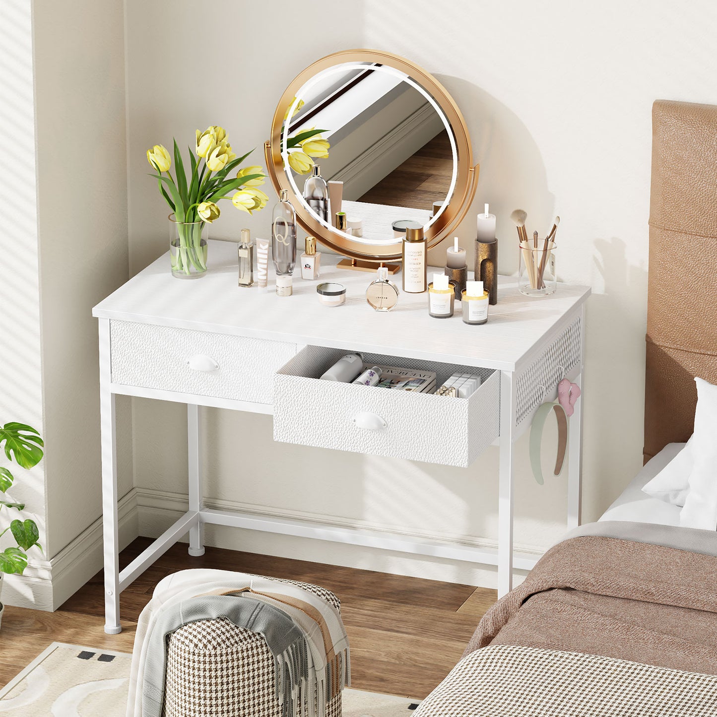Satifur White Writing Desk with Drawers & Hooks, 34" Computer Desk with 2 Fabric Drawers